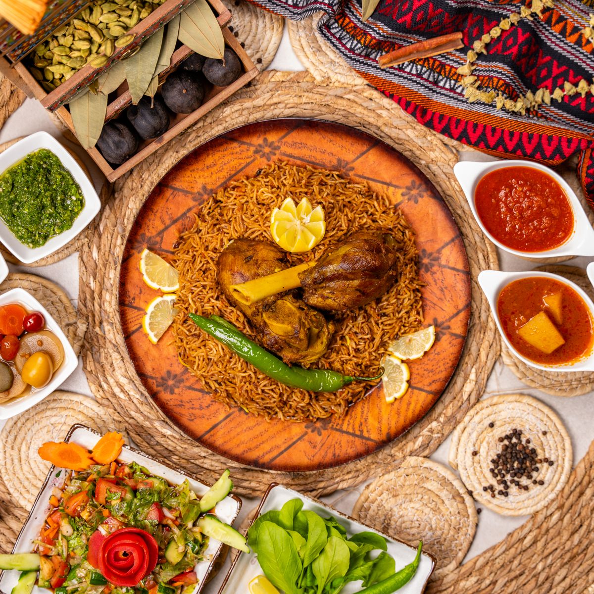 Baharatlı kepse pilavı ve et tabağı